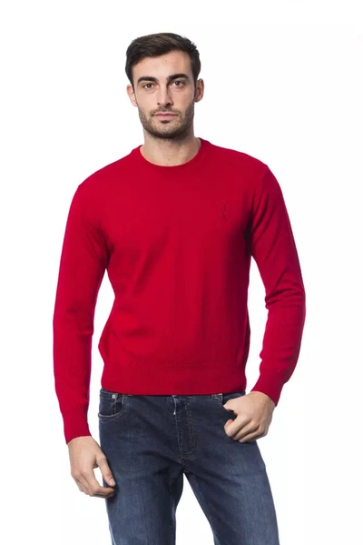 Shop Billionaire Italian Couture Embroidered Merino Wool Crew Neck Men's Sweater In Red