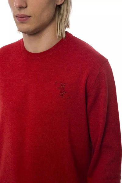 Shop Billionaire Italian Couture Embroidered Merino Wool Crew Neck Men's Sweater In Red