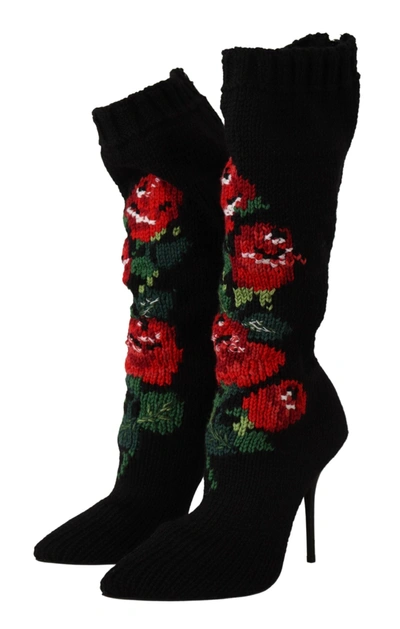 Dolce & Gabbana Black Stretch Socks Red Roses Booties In Black