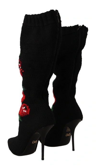 Dolce & Gabbana Black Stretch Socks Red Roses Booties In Black