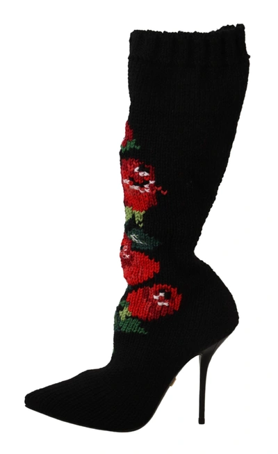 Dolce & Gabbana Black Stretch Socks Red Roses Booties In Black