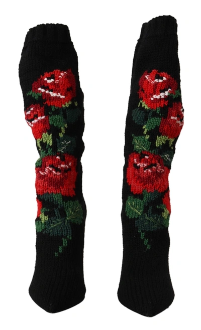 Dolce & Gabbana Black Stretch Socks Red Roses Booties In Black