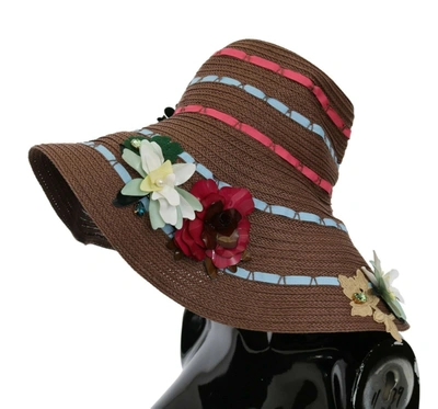 Shop Dolce & Gabbana Elegant Floppy Floral Wide Brim Women's Hat In Brown