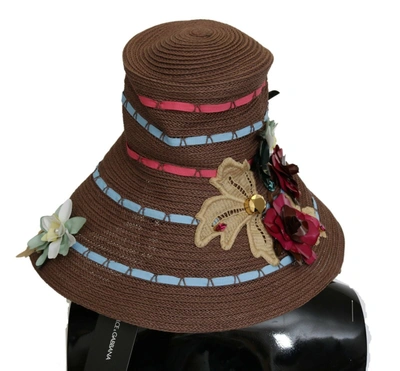 Shop Dolce & Gabbana Elegant Floppy Floral Wide Brim Women's Hat In Brown