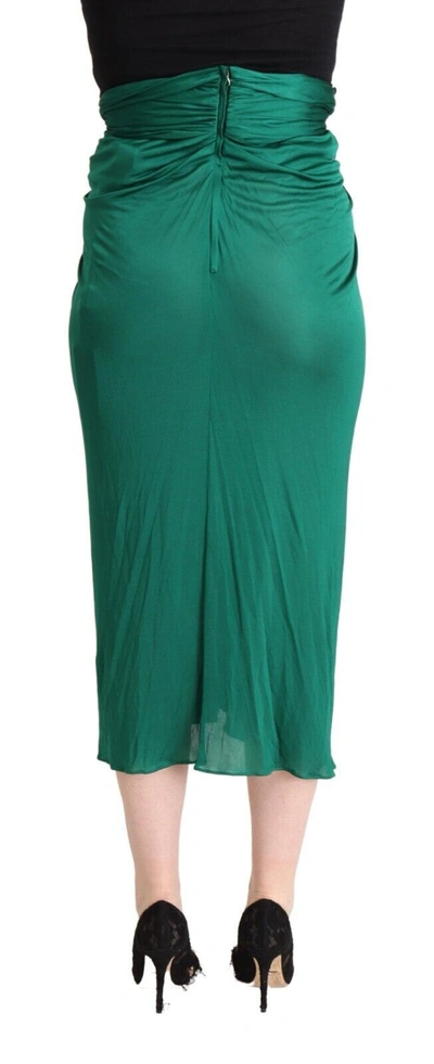 Dolce & Gabbana Dark Green High Waist Midi Pencil Cut Pleated Skirt In Green