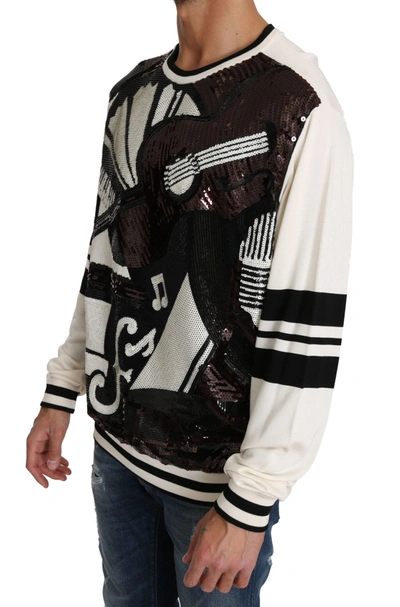 Dolce & Gabbana White Jazz Sequined Guitar Pullover Top Sweater In Black/white