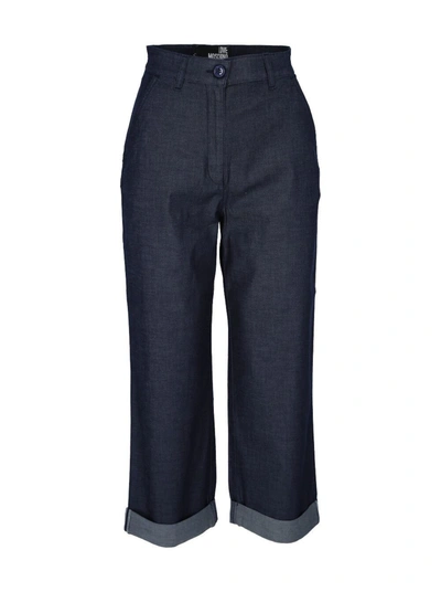 Shop Love Moschino Chic Blue Cotton Trousers With Turn-up Women's Cuff