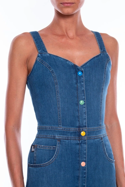 Shop Love Moschino Chic Sleeveless Denim Dress With Beaded Women's Logo In Blue