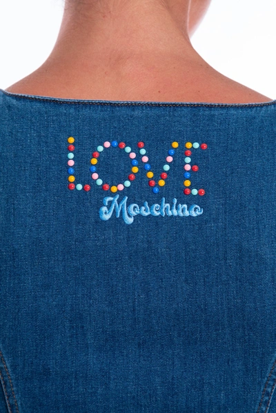 Shop Love Moschino Chic Sleeveless Denim Dress With Beaded Women's Logo In Blue