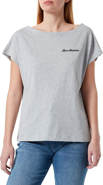 Shop Love Moschino Chic Embroidered Heart Logo Cotton Women's Tee In Gray