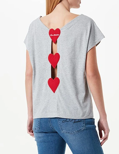 Shop Love Moschino Chic Embroidered Heart Logo Cotton Women's Tee In Gray