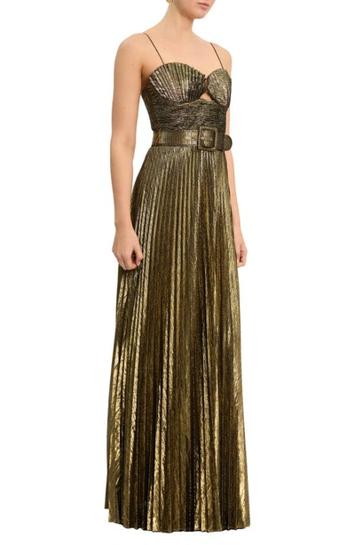 Shop Rebecca Vallance Josie Belted Metallic Plissé Gown In Gold