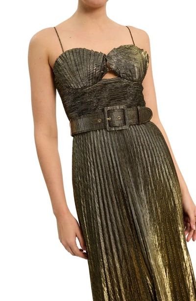 Shop Rebecca Vallance Josie Belted Metallic Plissé Gown In Gold