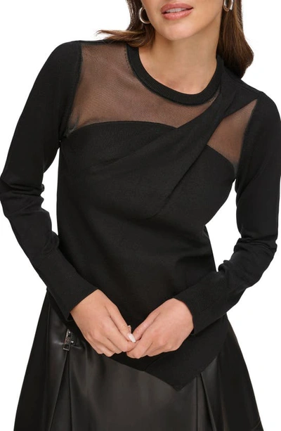 Shop Dkny Sheer Yoke Asymmetric Hem Sweater In Black