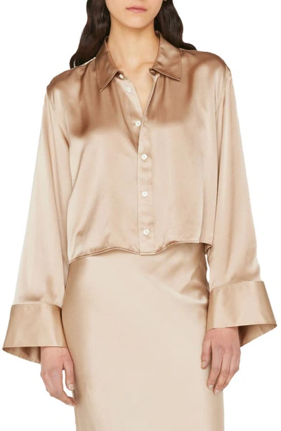 Shop Frame Wide Sleeve Silk Crop Shirt In Khaki Tan