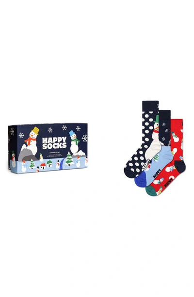 Shop Happy Socks Assorted 3-pack Snowman Crew Socks Gift Set In Navy