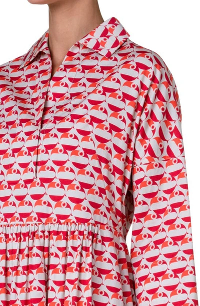 Shop Akris Punto Flamingo Dot Print Long Sleeve Cotton Midi Dress In Beige-red-coral
