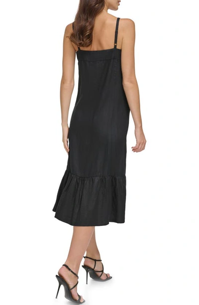 Shop Dkny Ruffle Hem Linen Midi Dress In Black