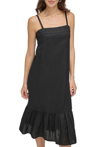 Shop Dkny Ruffle Hem Linen Midi Dress In Black