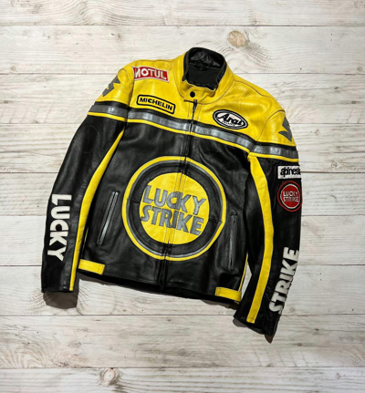Pre-owned Moto X Racing Vintage Lucky Strike Racing Biker Leather Jacket Motorcycle In Yellow