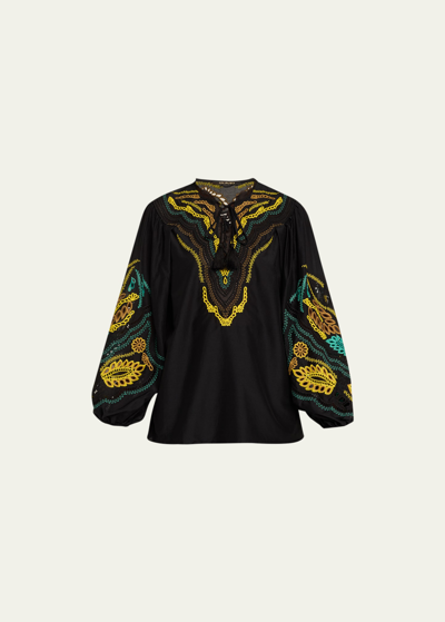 Shop Kobi Halperin Kehlani Embroidered Blouson-sleeve Blouse In Black