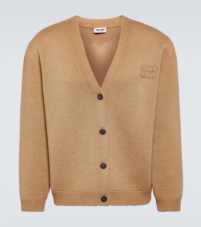 Miu Miu Logo Wool-blend Cardigan In Beige