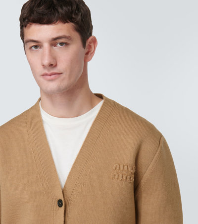 Miu Miu Logo Wool-blend Cardigan In Beige