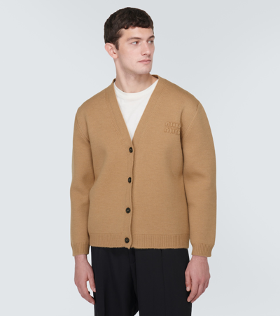 Miu Miu Logo Wool-blend Cardigan In Beige