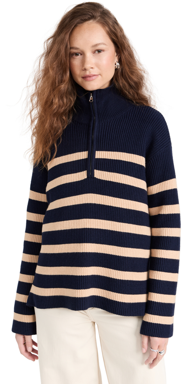 Shop English Factory Striped Half Zip Sweater Navy/camel