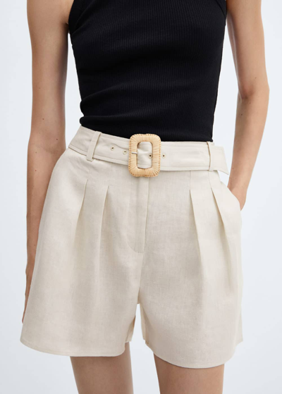 Shop Mango Linen Shorts With Belt Beige