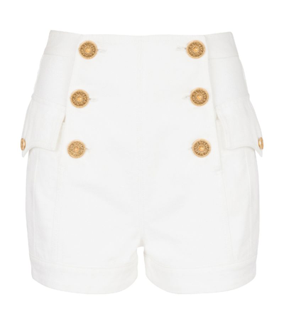 Shop Balmain Button-trim Denim Shorts In White