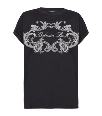 Shop Balmain Cotton Signature Paisley Print T-shirt In Black