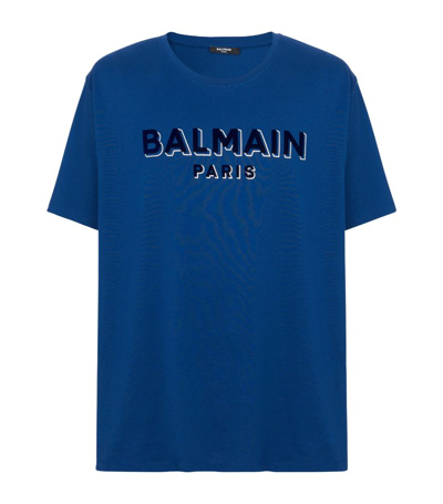 Shop Balmain Flocked Logo T-shirt In Blue