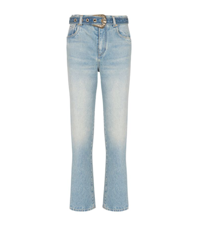 Shop Balmain Belted Straight Jeans In Blue