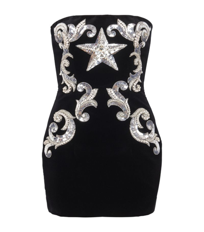 Shop Balmain Velvet Embroidered Mini Dress In Black