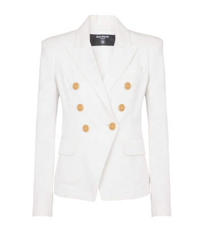 Shop Balmain Cotton Double-breasted Blazer In White
