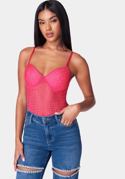 Shop Bebe Rhinestone Mesh Bodysuit In Pink Peacock