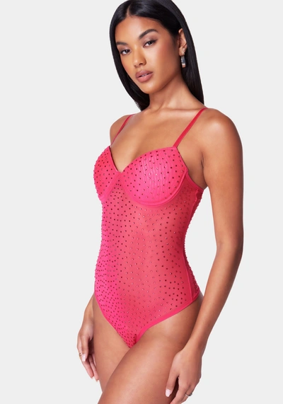Bebe Rhinestone Mesh Bodysuit In Pink Peacock