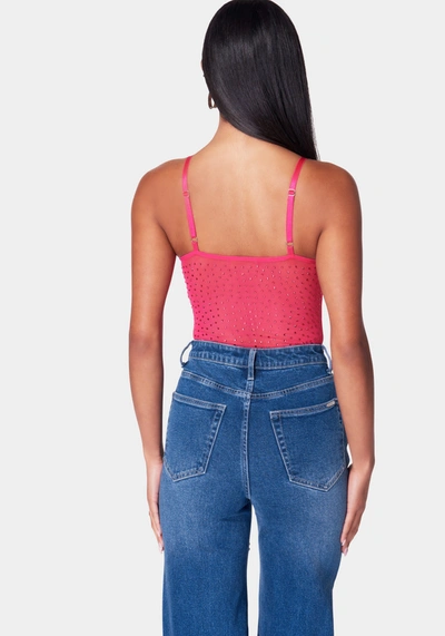 Bebe Rhinestone Mesh Bodysuit In Pink Peacock