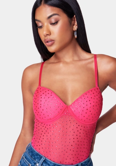 Bebe Rhinestone Mesh Bodysuit In Pink Peacock