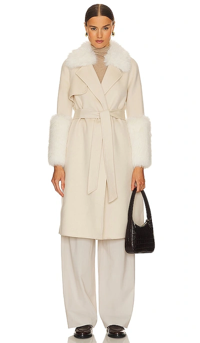 Shop Adrienne Landau Faux Fur Trim Wool Coat In Cream