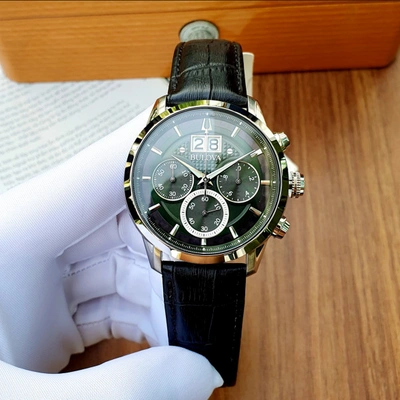 Pre-owned Bulova Sutton Green Dial Black Band Chronograph Men's Watch 96b310