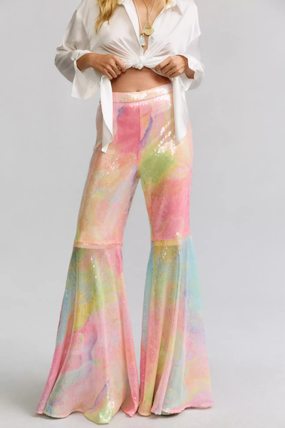 Pre-owned Anthropologie Hutch Ombre Rainbow Sequin Extreme Flare Statement Pants 14 In Multicolor