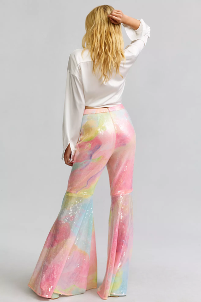 Pre-owned Anthropologie Hutch Ombre Rainbow Sequin Extreme Flare Statement Pants 14 In Multicolor