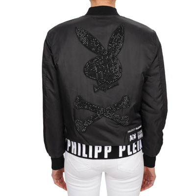 Pre-owned Philipp Plein X Playboy Crystal Bunny Bomber Jacket Silver Black Xs 08680