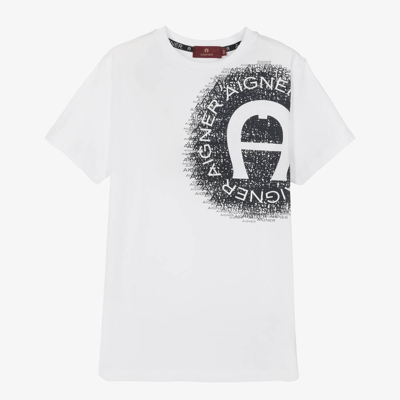 Shop Aigner Teen Boys White Graphic Cotton T-shirt In Blue
