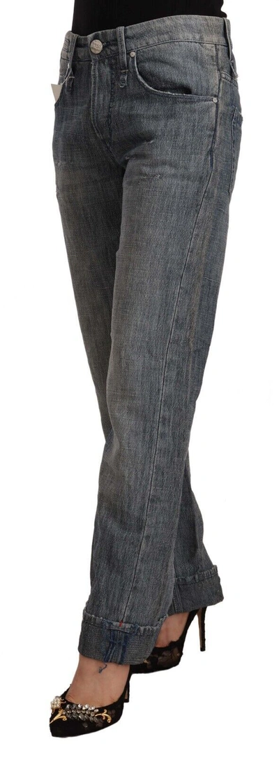 Acht Gray Washed Mid Waist Straight Denim Folded Hem Women's Jeans In Gray