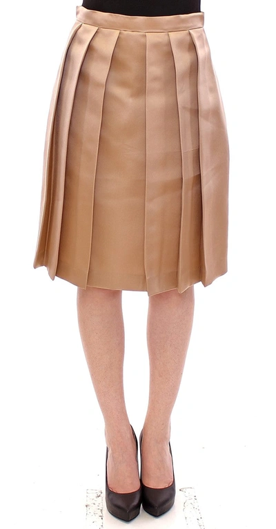 Shop Andrea Incontri Elegant Silk Pleated Knee-length Women's Skirt In Brown