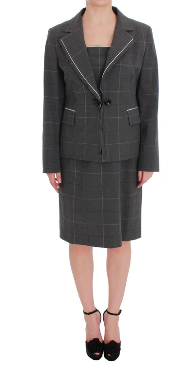 Bencivenga Gray Checkered Cotton Blazer Dress Set Suit In Gray