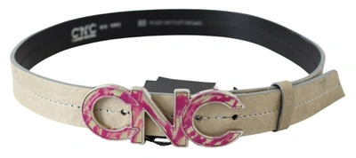Costume National Beige Leather Pink Letter Logo Buckle Belt In Beige